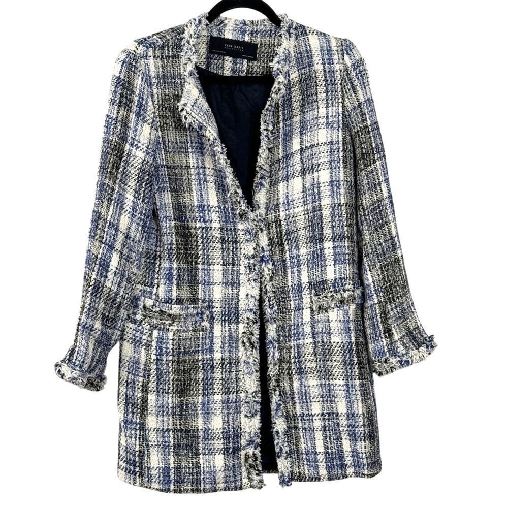 Zara Tweed Fringe Trim Longline Blazer Jacket White Blue Plaid Size S
